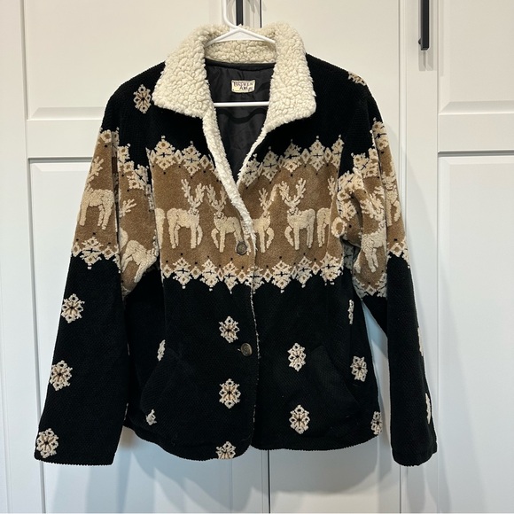 Women's Black and Brown Jacket with Reindeer Pattern,Broken Axe,medium,Sherpa - Picture 1 of 9